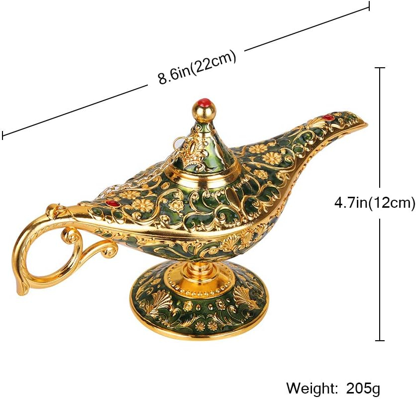 Vintage Aladdin Magic Genie Lamp Light for Home Party Wedding Table Decoration & Gift,Classic Zinc Alloy Arabian Lamp Jewelry Box (Gold & Green)