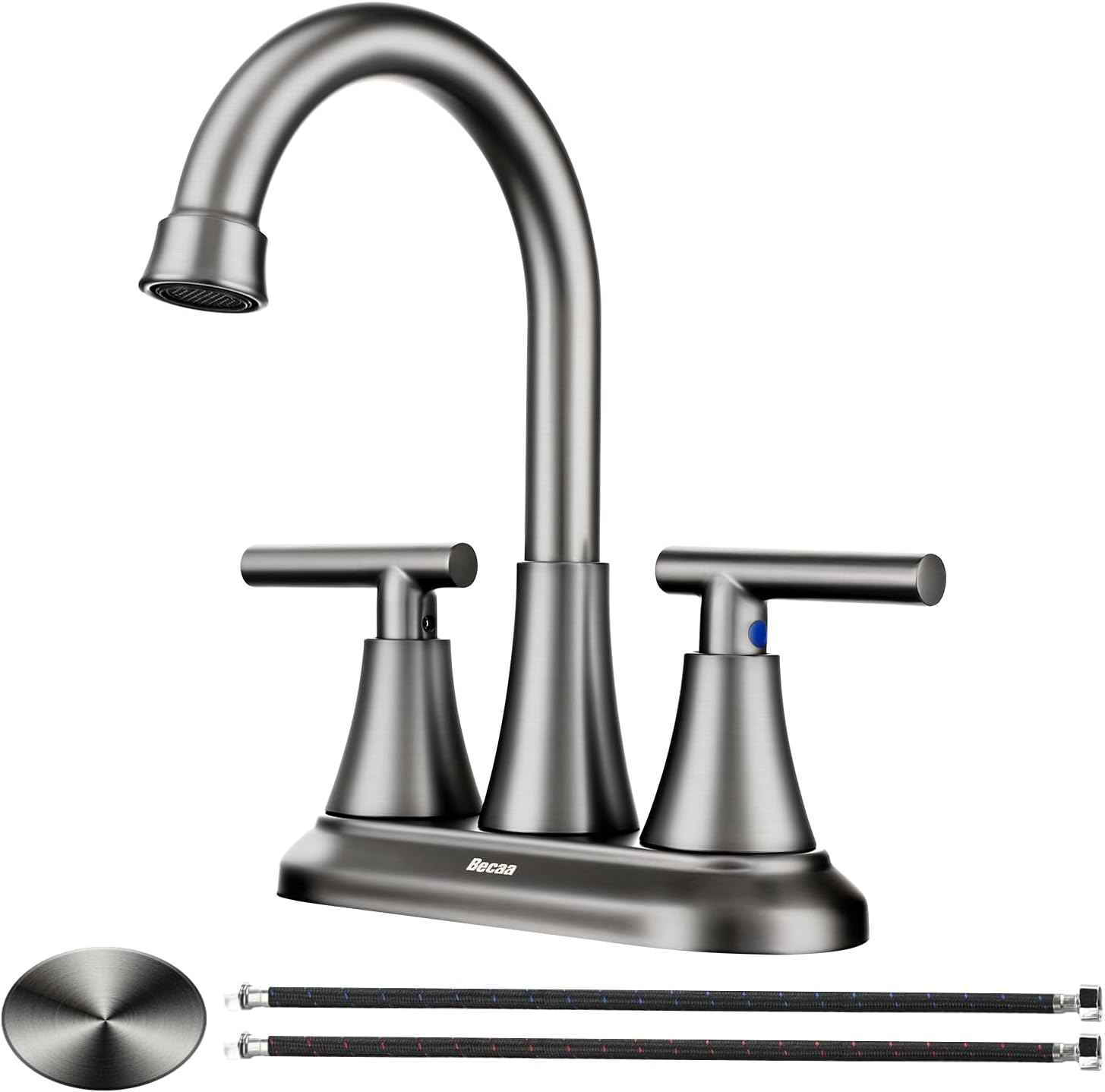 4 Inch Bathroom Faucets for Sink 3 Hole, Faucet for Bathroom Sink with Pop-up Drain & Supply Hoses, 2-Handle 360 Swivel Spout Stainless Steel Lead-Free, Centerset Faucet for Vanity Lavatory