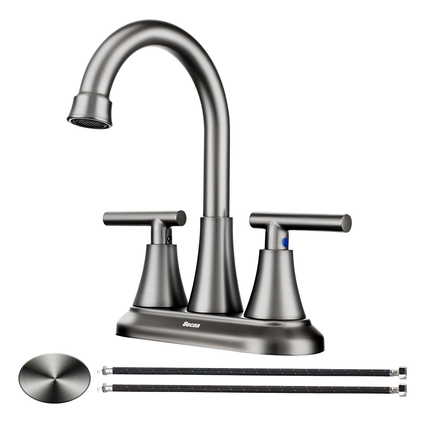 4 Inch Bathroom Faucets for Sink 3 Hole, Faucet for Bathroom Sink with Pop-up Drain & Supply Hoses, 2-Handle 360 Swivel Spout Stainless Steel Lead-Free, Centerset Faucet for Vanity Lavatory