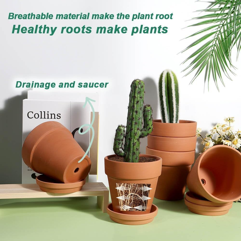 Terracotta Round Clay Plant Pots with Saucer, 5" Set of 6