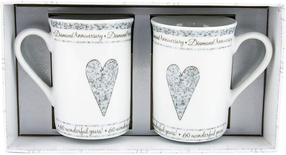 Beautifully Designed 60th Diamond Wedding Anniversary Set of Ceramic Mugs with Hearts | Dishwasher and Microwave Safe with Decorative Keepsake Box