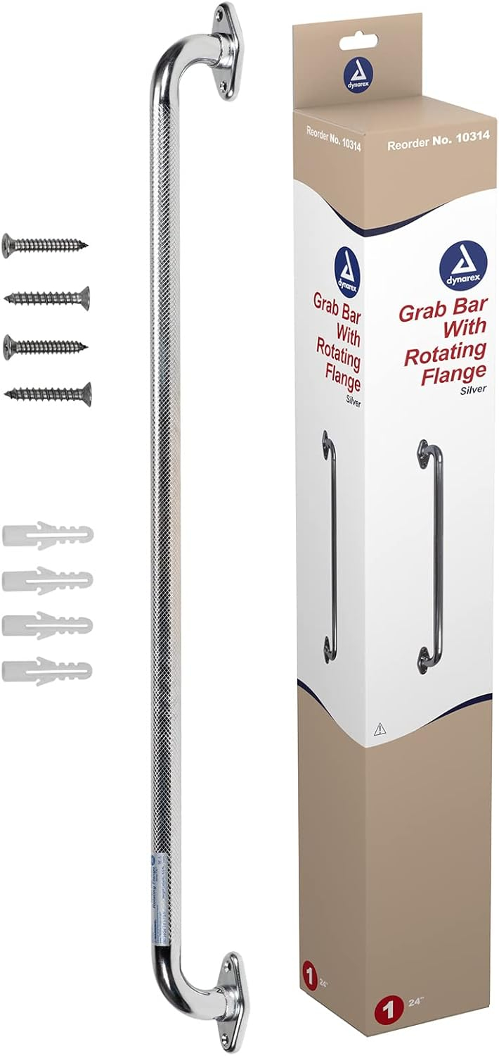 Dynarex Rotating Flange Knurled Grab Bar-24 Inch, Stainless Steel with Textured, Non-Slip Center of The Safety Rail, Weight Capacity of 300 Pounds, Silver, 1-Rotating Flange Knurled Grab Bar-24 inch
