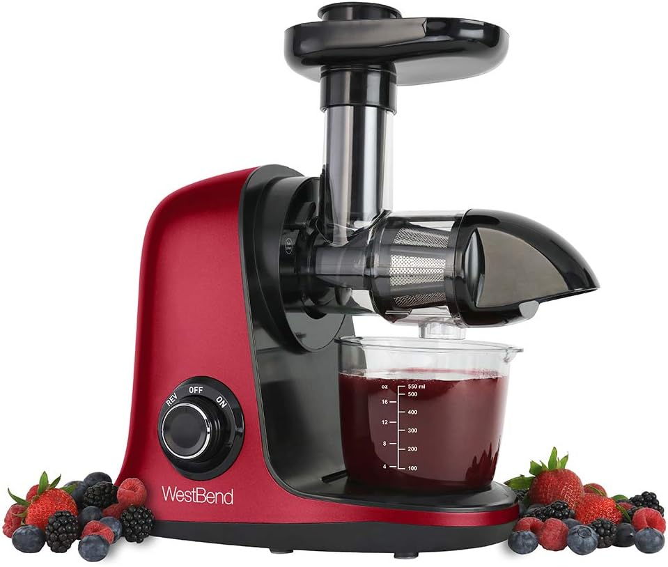 West Bend Juicer Cold Press Masticating Extractor Machine Features Quiet Motor Anti-Clog Reverse Function Nutrient Preserving For Juicing Fruits Vegetables and All Greens, 150-Watts, Red