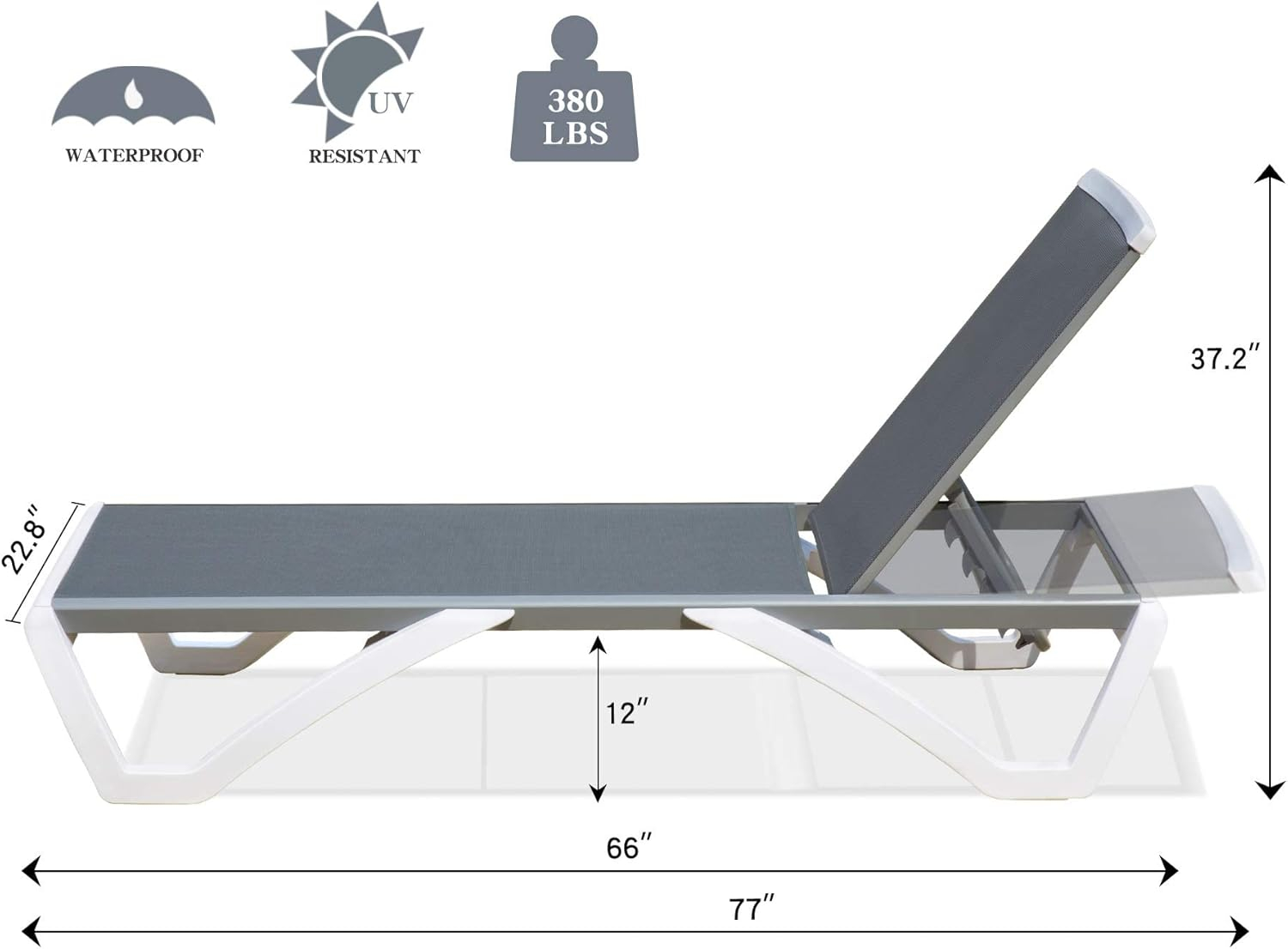 Domi Pool Lounge Chair Aluminum Adjustable Outdoor Chaise Lounge,All Weather Plastic Poolside Lounge Chair for Deck Lawn Backyard, Gray Textilene