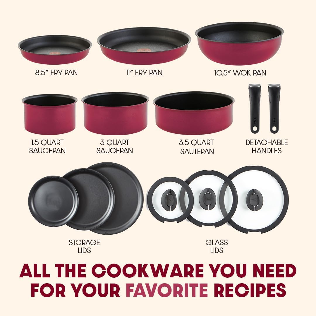 T-fal Ingenio Expertise 14 Piece Nonstick Cookware Set, Induction Oven Safe 500F, Pots and Pans, RV, Detachable Handle, Rose Pink