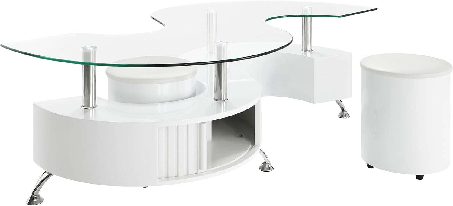 Coaster Buckley Wood Curved Glass Top Coffee Table With Stools in White