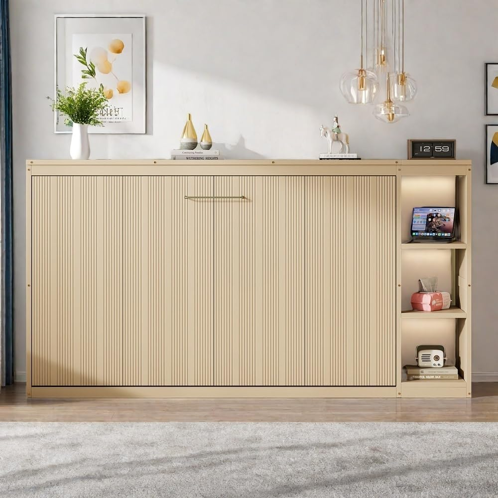 SOFTSEA Modern Murphy Bed Cabinet Bed with Bookshelf, Twin Size Foldable Platform Bed Frame with Storage Racks, for Home Guest Room Small Room, Natural