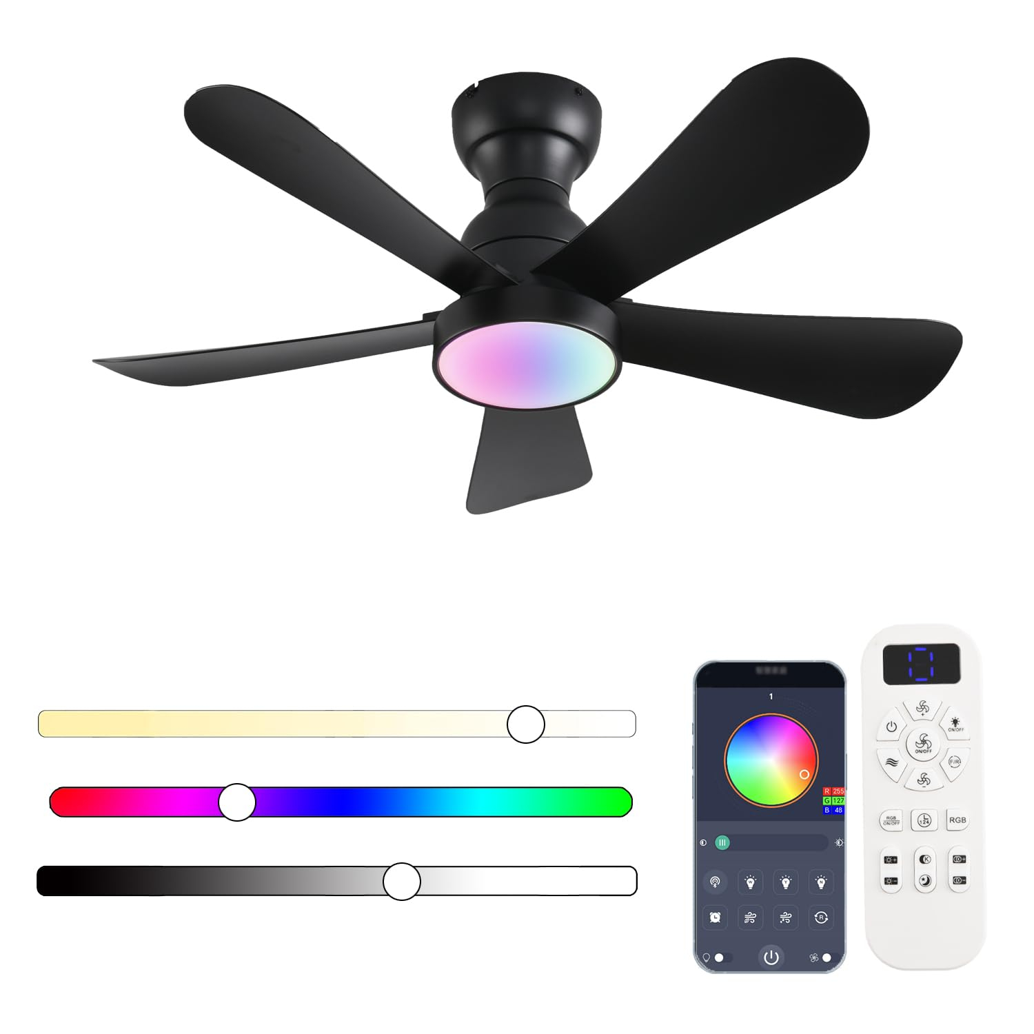 36inch Ceiling Fans with Lights and Remote/App Control, Flush Mount Ceiling Fan with Reversible Dc Motor RGB Dimmable Light, Noiseless Black Modern Small Ceiling Fan for Bedroom Indoor/Outdoor