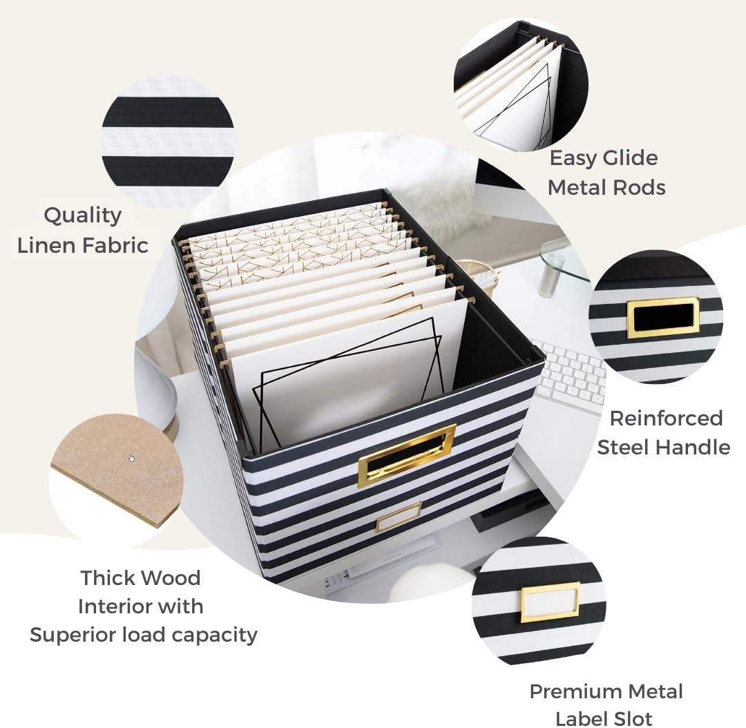 BLU MONACO Paper Organizer Storage, Portable File Box With Handle, Decorative Hanging File Box With Lid, Black and White Striped Legal-Letter Size File Folder Organizer