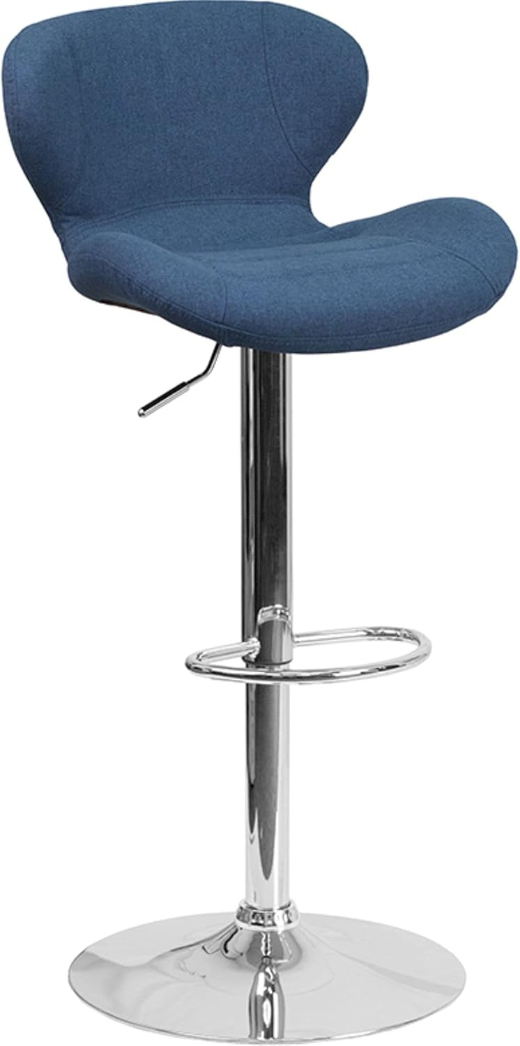 Flash Furniture Francis Contemporary Blue Fabric Adjustable Height Barstool with Curved Back and Chrome Base