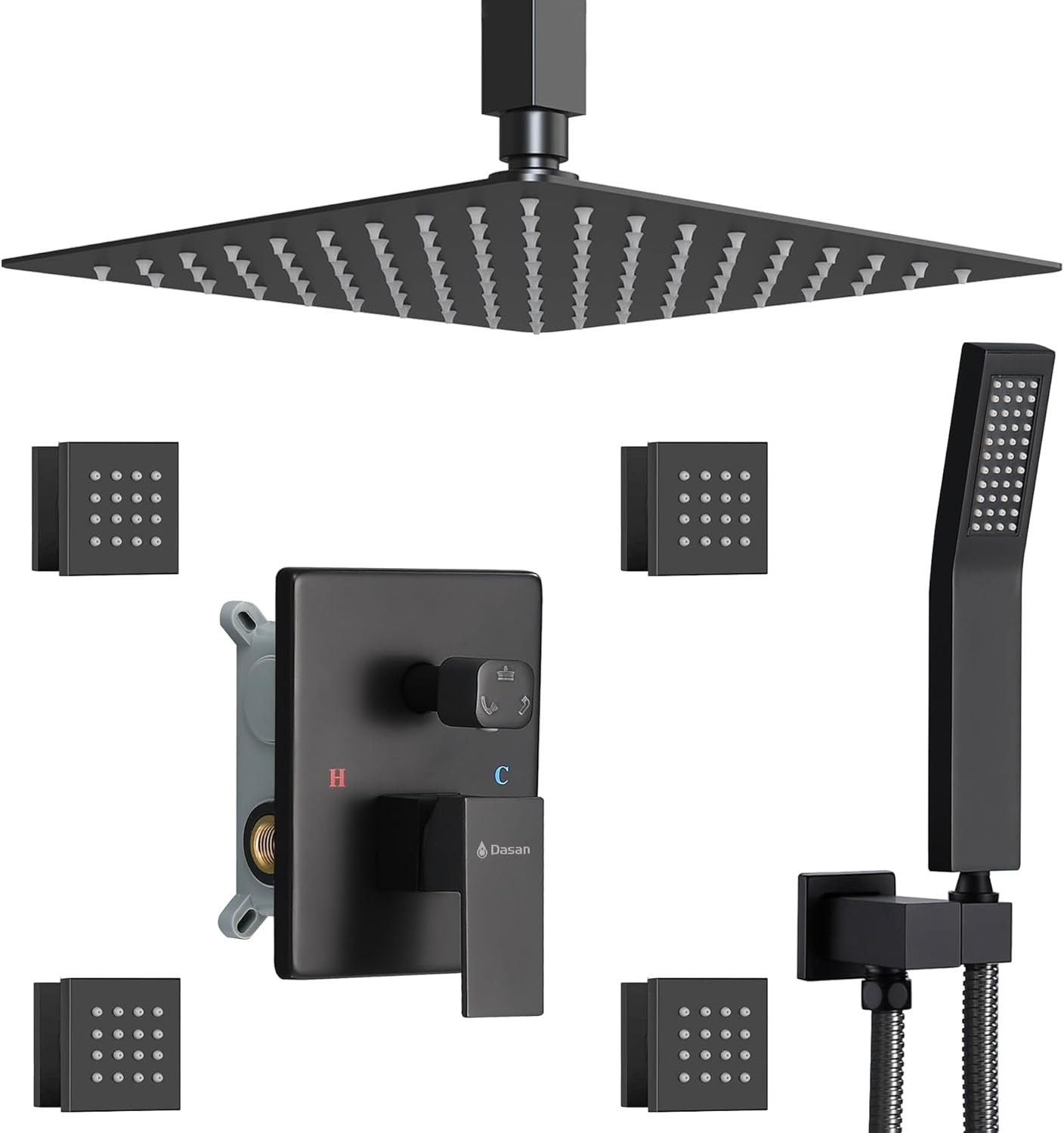 Matte Black Shower System with 4 PCS Shower Body Spray Jets & 12’’ Ceiling Shower Head & Handheld Spray, DASAN Full Body Shower Faucet System with Jets Rainfall Shower Combo Set, SA-SS03BMB-S12C