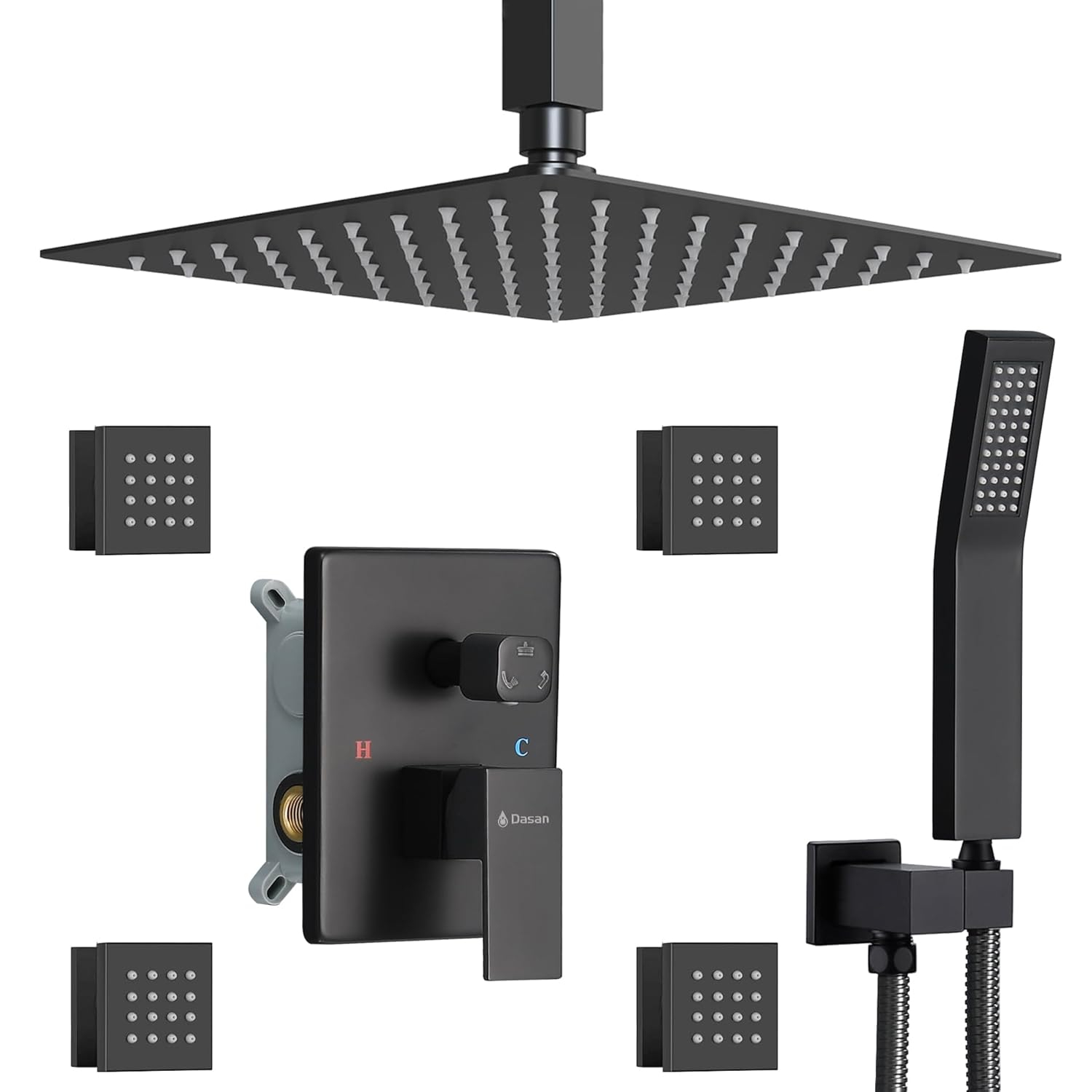 Matte Black Shower System with 4 PCS Shower Body Spray Jets & 12’’ Ceiling Shower Head & Handheld Spray, DASAN Full Body Shower Faucet System with Jets Rainfall Shower Combo Set, SA-SS03BMB-S12C