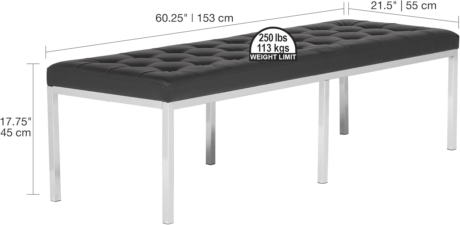 Lintel 60'' Ebony Bonded Leather Tufted Bench with Chrome Finish