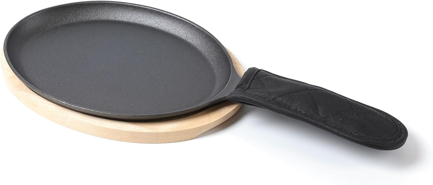 Pre-Seasoned Cast Iron Fajita Pan Set with Bamboo Base