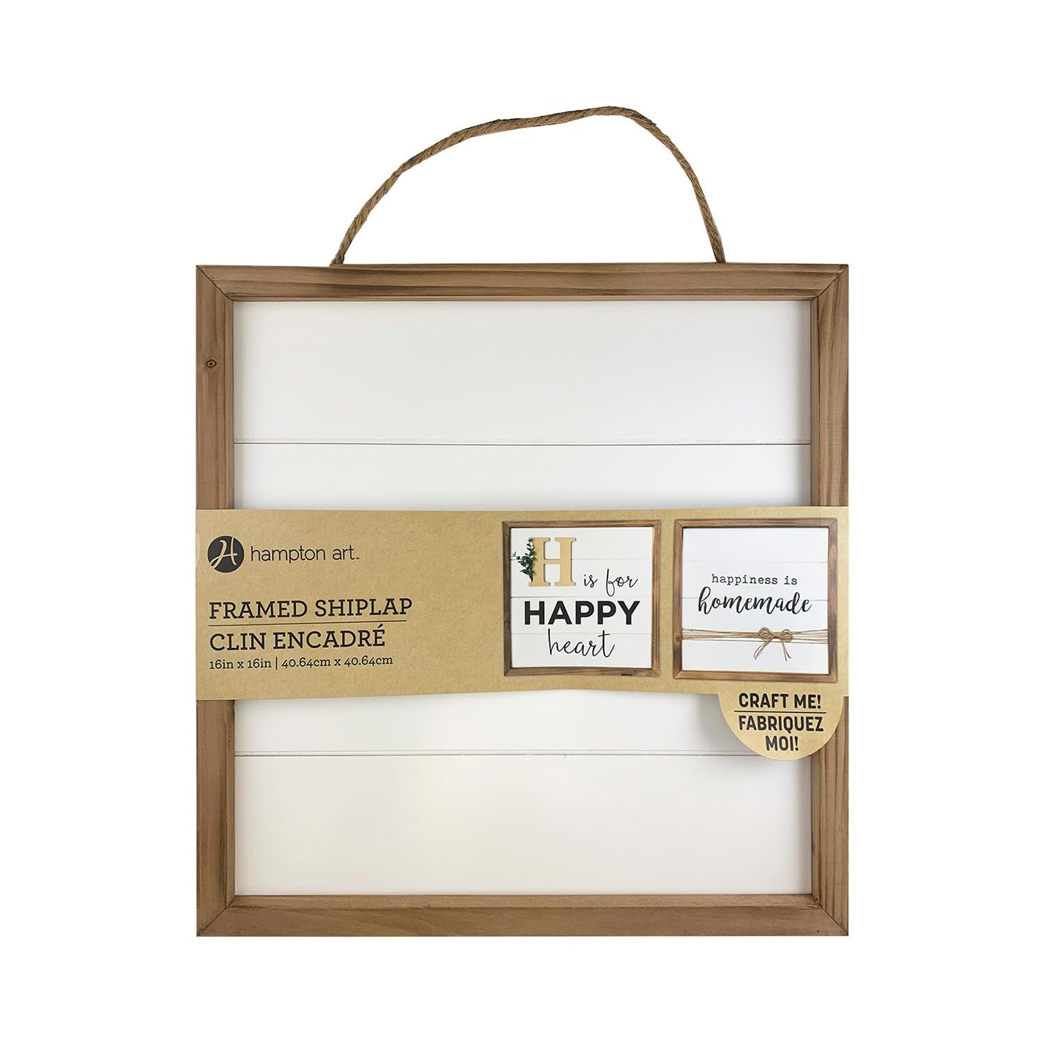 Hampton Art Rustic Frame Shiplap 16" x 16" White, easy to decorate, paint, embellish, stencil, and more, jute rope is attached to the reverse side for hanging