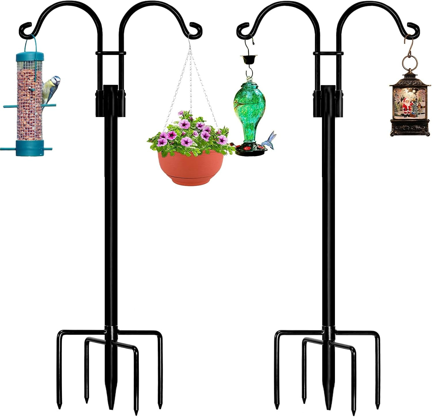 AOWOO Double Shepherds Hooks for Outdoor, 76 Inch Bird Feeder Pole with 5 Prongs Base, Adjustable Shepherd Hook 2-Pack Heavy Duty Two Sided Garden Pole for Hanging Bird Feeders, Plant Baskets, Black