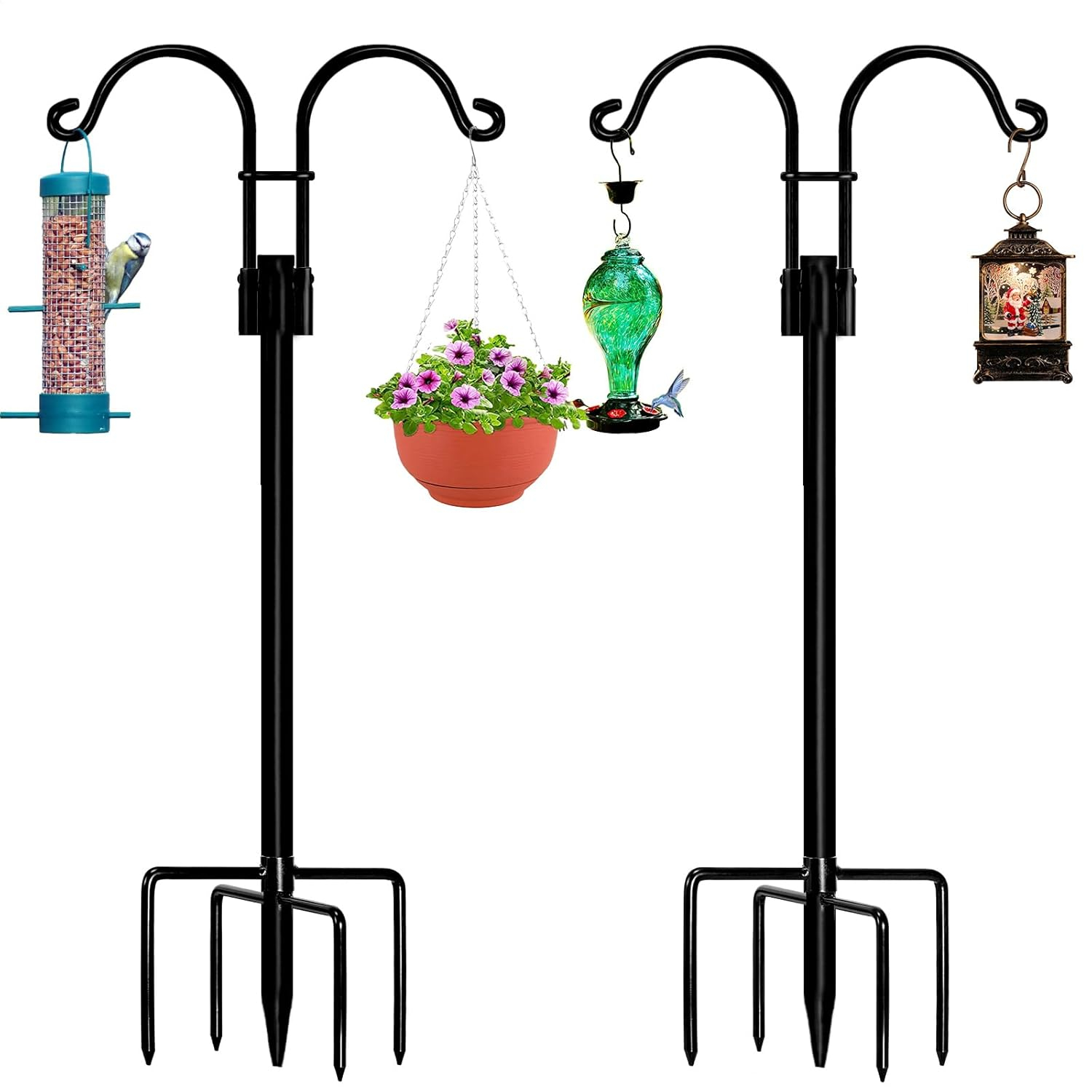 AOWOO Double Shepherds Hooks for Outdoor, 76 Inch Bird Feeder Pole with 5 Prongs Base, Adjustable Shepherd Hook 2-Pack Heavy Duty Two Sided Garden Pole for Hanging Bird Feeders, Plant Baskets, Black