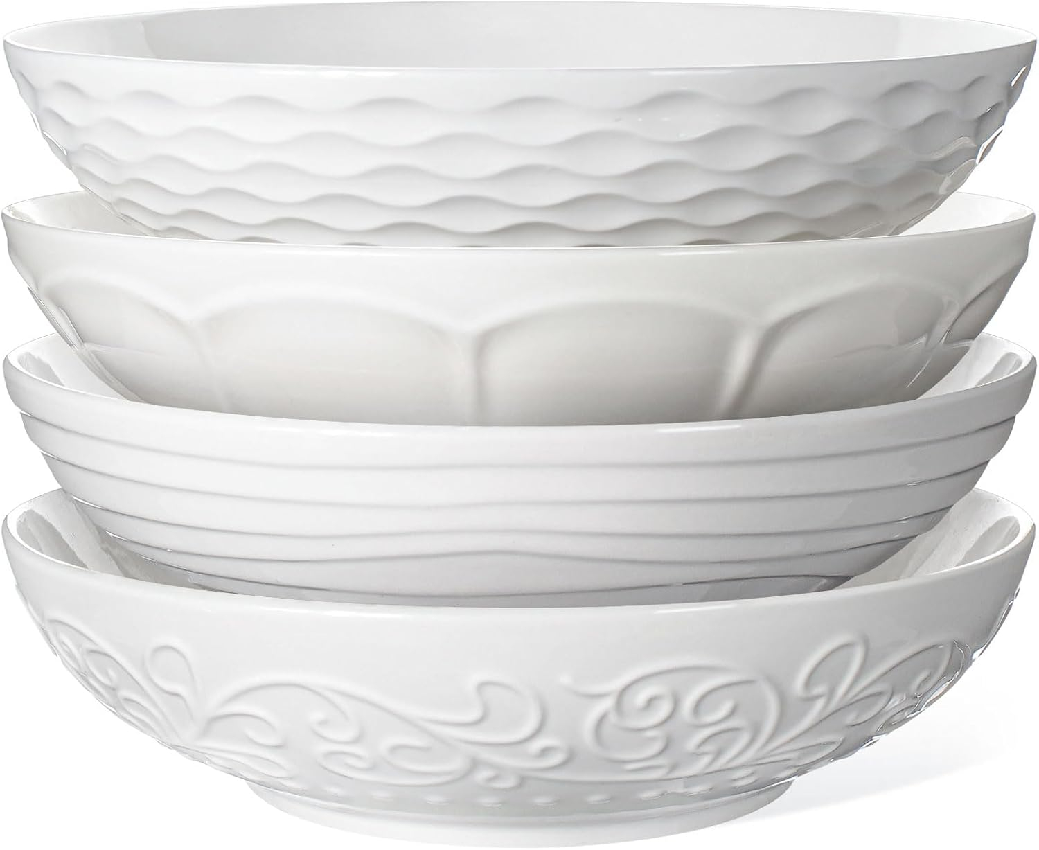 Artena Pasta Bowls 32oz, Ceramic Large Salad Bowls 8 inch, White Embossed Soup Bowl Set of 4 for Serving, Entertaining, Dinner Spaghetti, Wide Shallow, Microwave Dishwasher Oven Safe