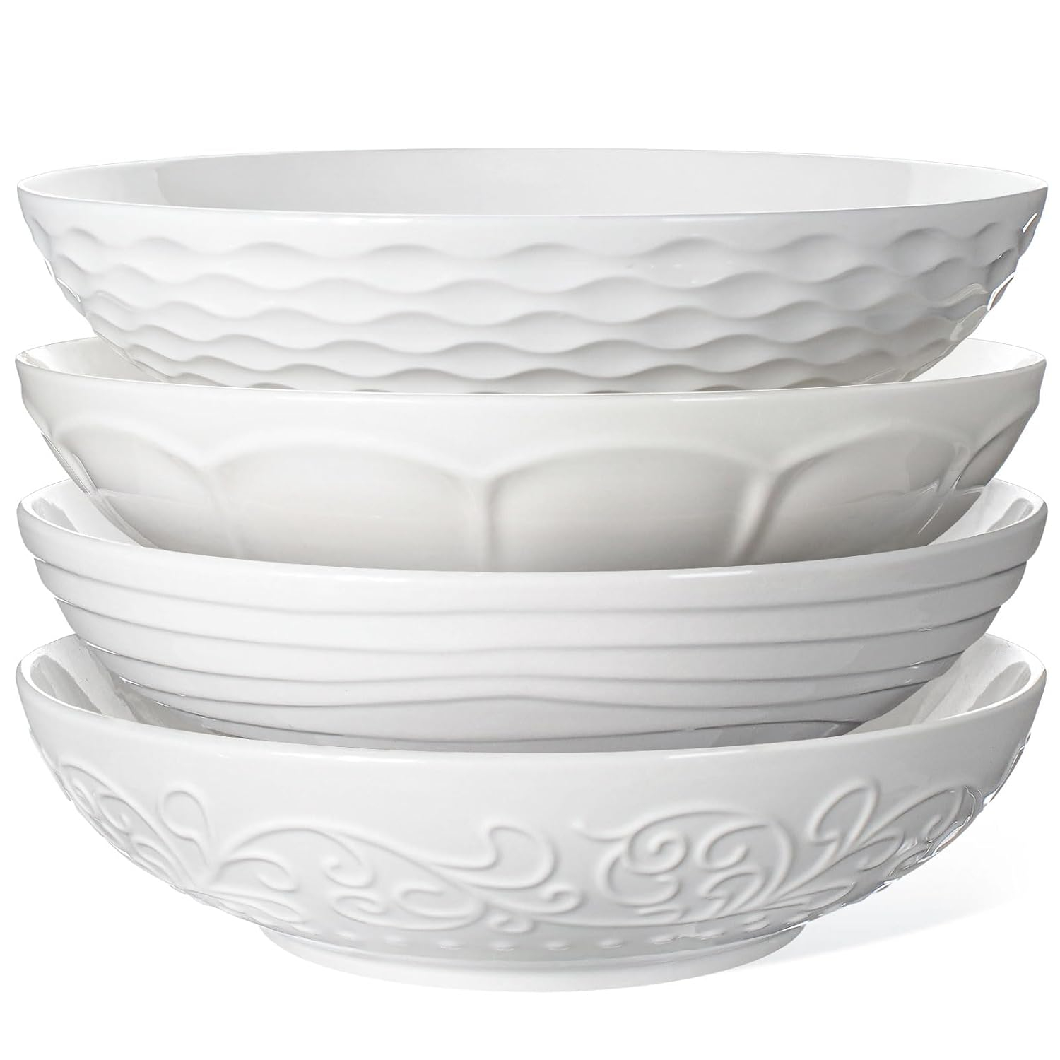 Artena Pasta Bowls 32oz, Ceramic Large Salad Bowls 8 inch, White Embossed Soup Bowl Set of 4 for Serving, Entertaining, Dinner Spaghetti, Wide Shallow, Microwave Dishwasher Oven Safe