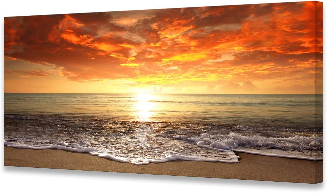 Baisuart S0162 Canvas Prints Wall Art Sunset Ocean Beach Pictures Photo Paintings for Living Room Bedroom Home Decorations Stretched and Framed Seascape Waves Landscape Giclee Artwork 30x60inch