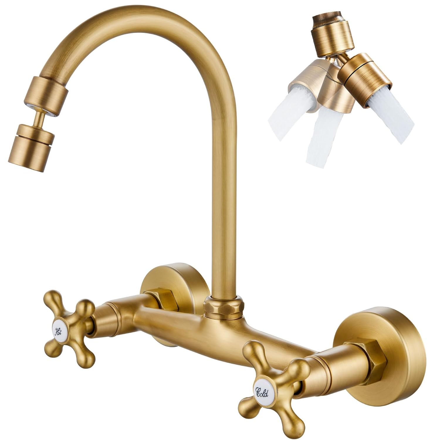 Airuida Wall Mount Kitchen Faucet with Sprayer Wall Mounted Kitchen Sink Faucet Double Cross Handles 360 Degree Swivel Spout Restaurant Mixer Tap Commercial 8 Inch Center Antique Brass