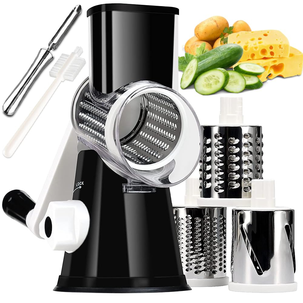 KEOUKE Rotary Cheese Grater with Handle - 3 Changeable Blades for Cheese, Vegetables, Nuts - Black