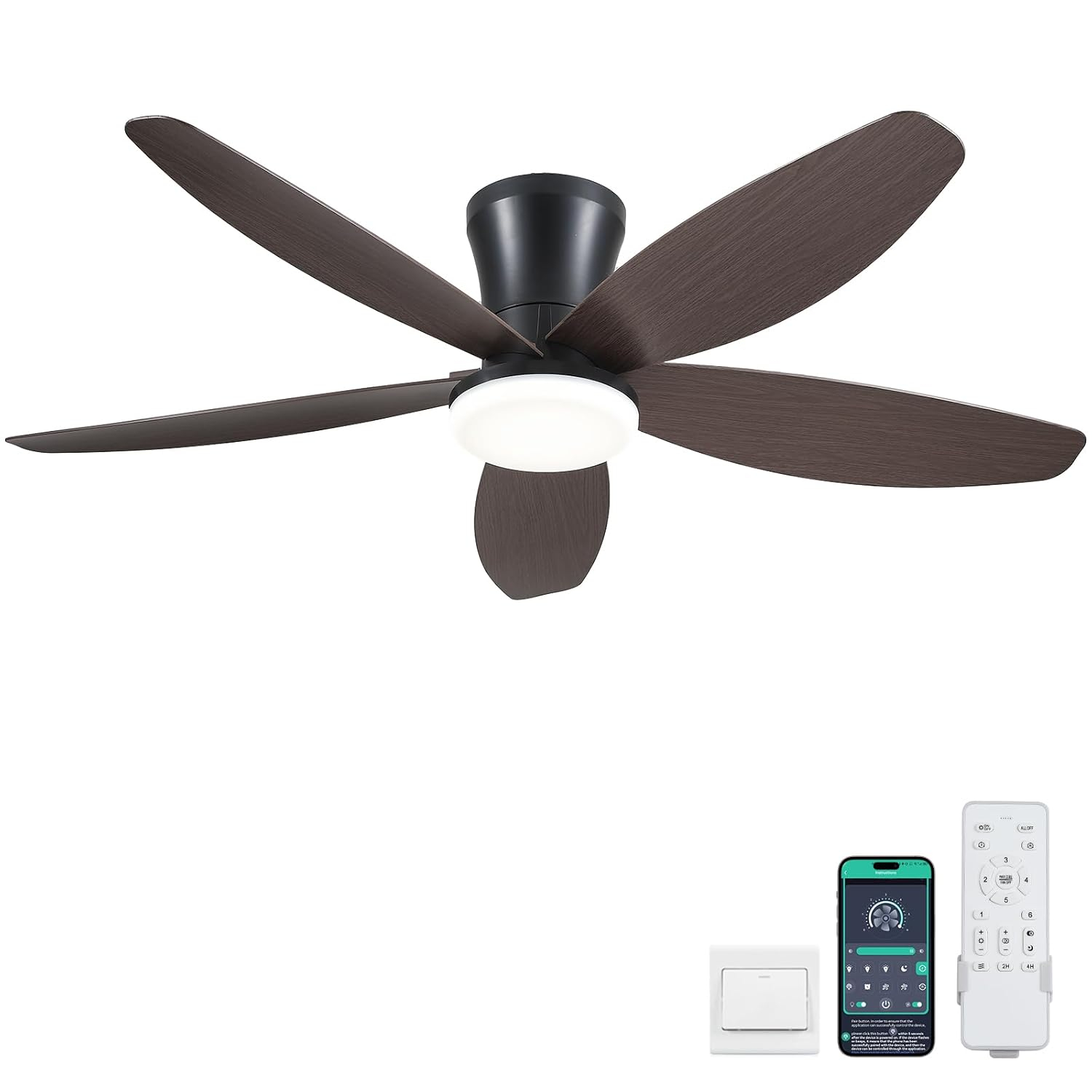 Ceiling Fans with Lights-42 Low Profile Ceiling Fan with Light and Remote/APP Control,Flush Mount,DC Reversible,LED Dimmable Modern Ceiling Fans for Bedroom,Indoor/Outdoor Patio Use(Brown)