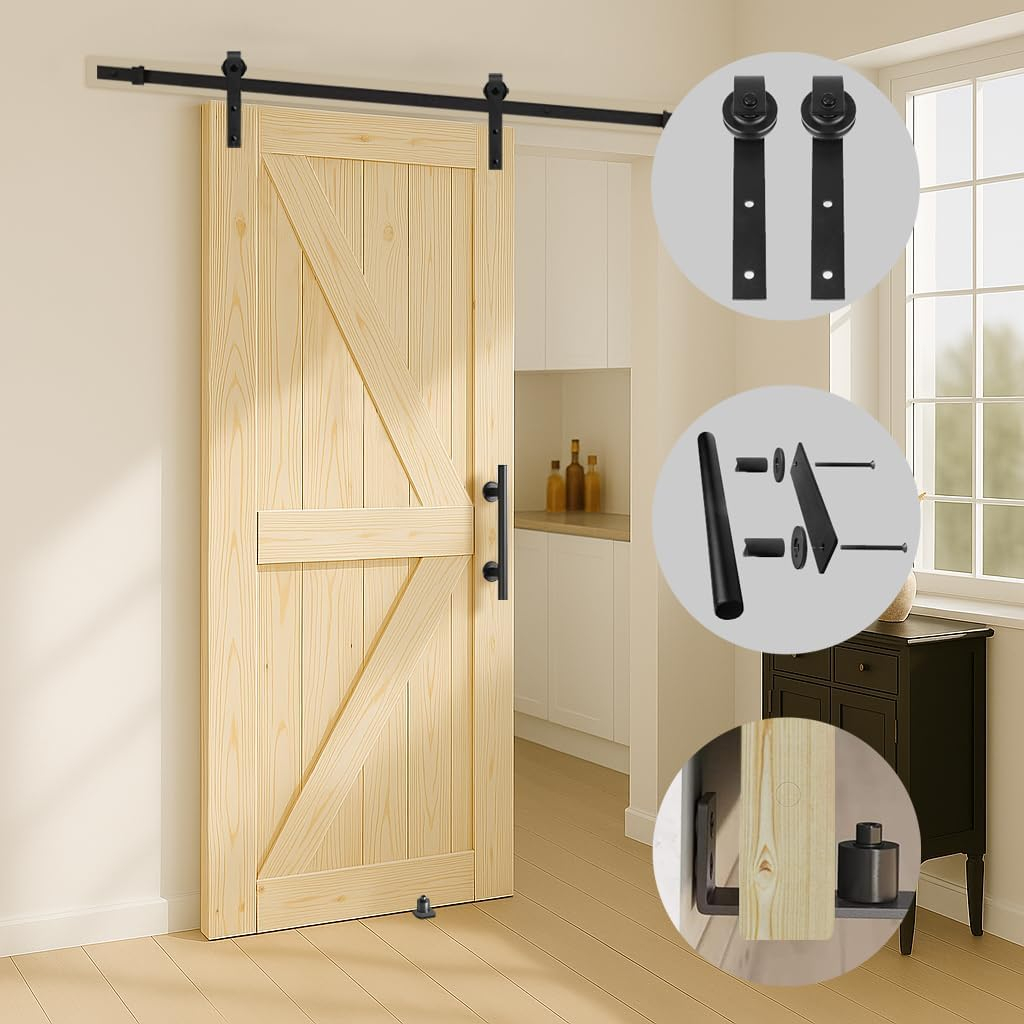 S&Z TOPHAND 32 in. x 84 in. Unfinished British Brace Knotty Barn Door with 6.6FT Sliding Hardware Kit/Solid Wood/Sliding Door/Double Surfaces/A Simple Assembly is Required