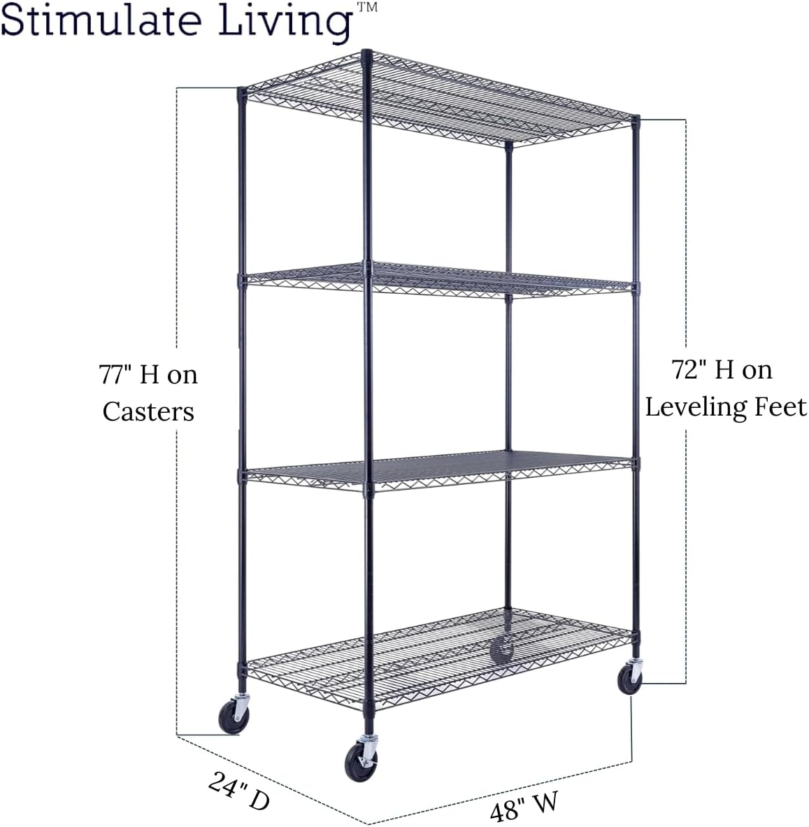 48"x24"x72" Prime Heavy Duty Black 4-Tier Wire Shelving NSF 3200 LBS MAX Capacity Storage Rack for Commercial, Hospital, School, Garage, and Kitchen Uses (with Wheels)