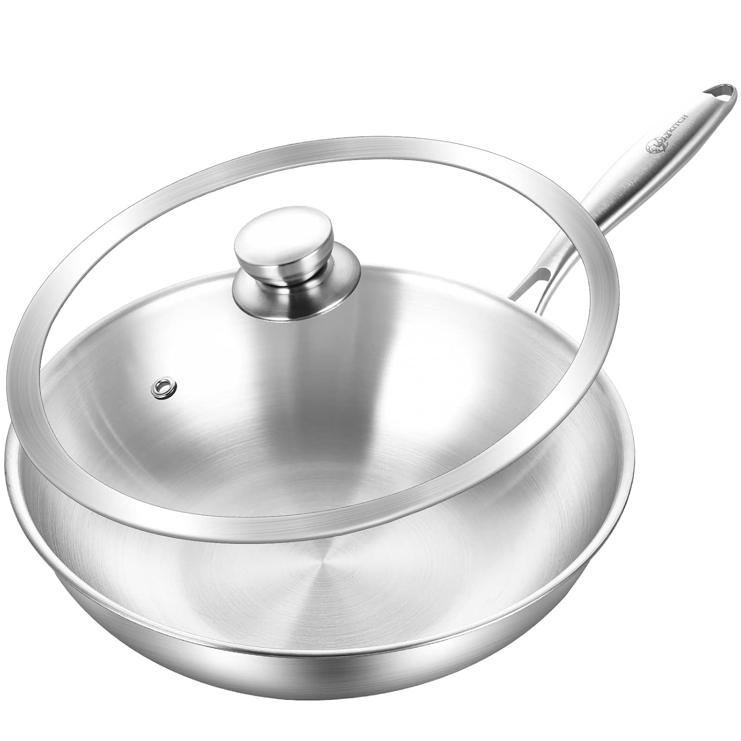 LOLYKITCH 12 Inch Tri-Ply Stainless Steel Wok Pan with Lid, Stir-Frying Pan,Induction Cooking Pan,Dishwasher and Oven Safe,Heavy Duty and Detachable Handle.