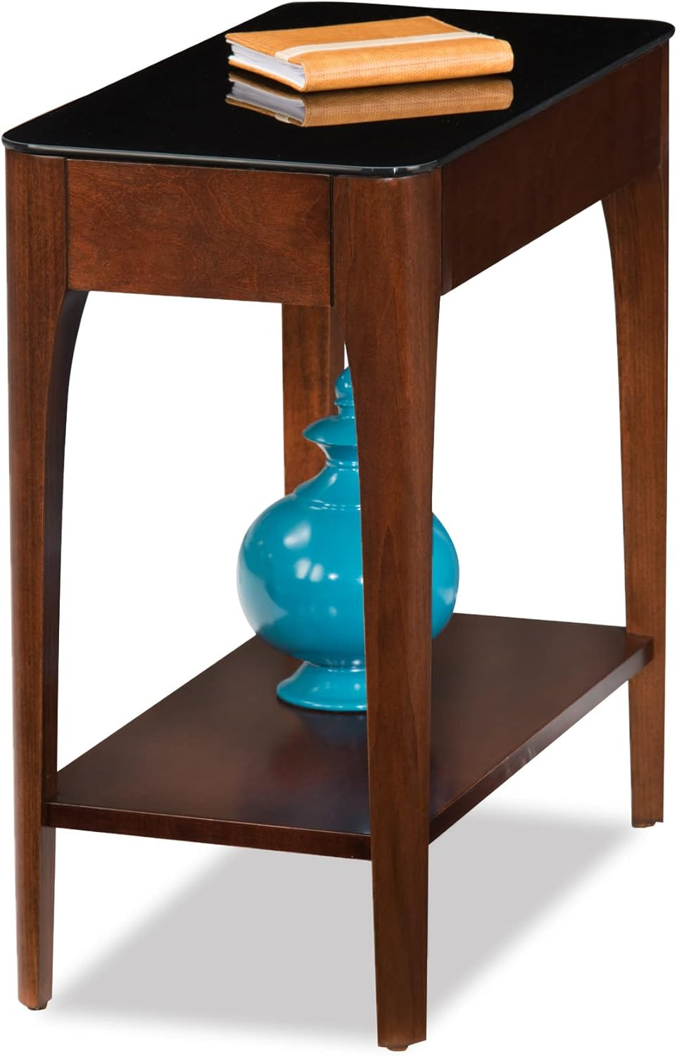 Leick Home 11105 Obsidian Glass Top Narrow Side Table with Shelf, Chestnut and Black Glass