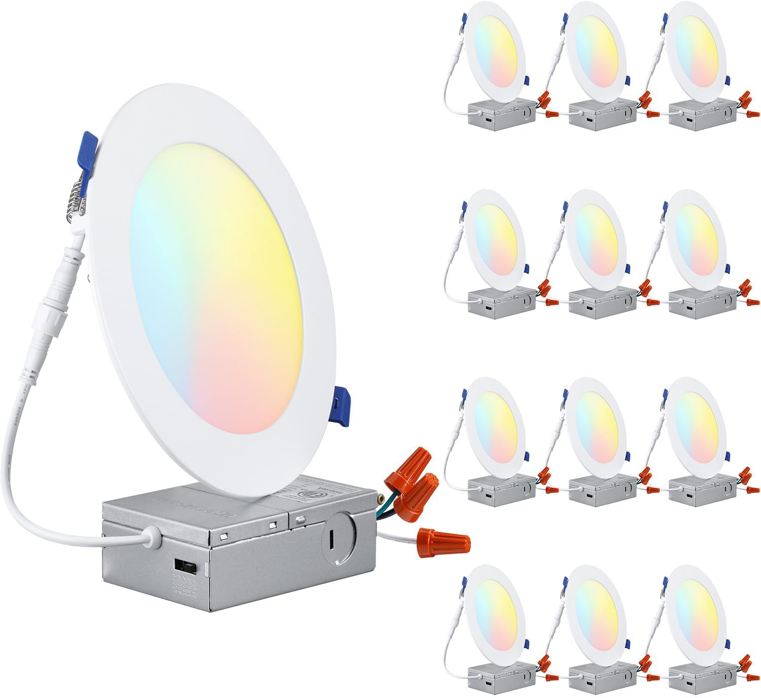 TORCHSTAR 12-Pack 5CCT 6 Inch Ultra-Thin LED Recessed Lighting with Junction Box, CRI90, Aluminum, 2700K3000K3500K4000K5000K, 5%-100% Dimmable Slim Recessed Downlight, 12W 1000LM, ETL & ES