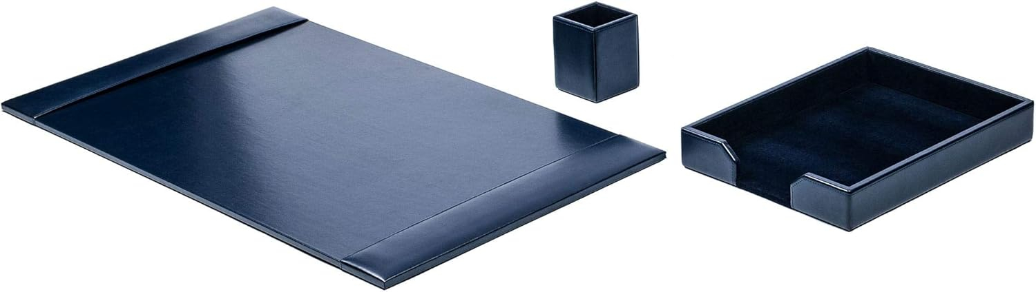 Navy Blue Bonded Leather 3-Piece Desk Set