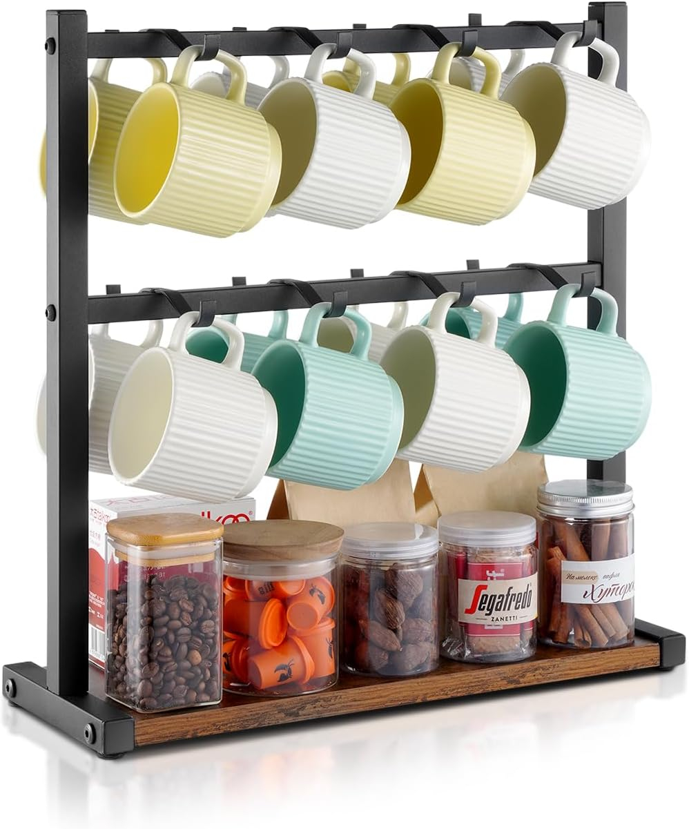 Coffee Mug Holder for Countertop, 16-Hooks Coffee Cup Holder with Storage Base, 2-Tier Mugs Tree Rack Carbon Steel