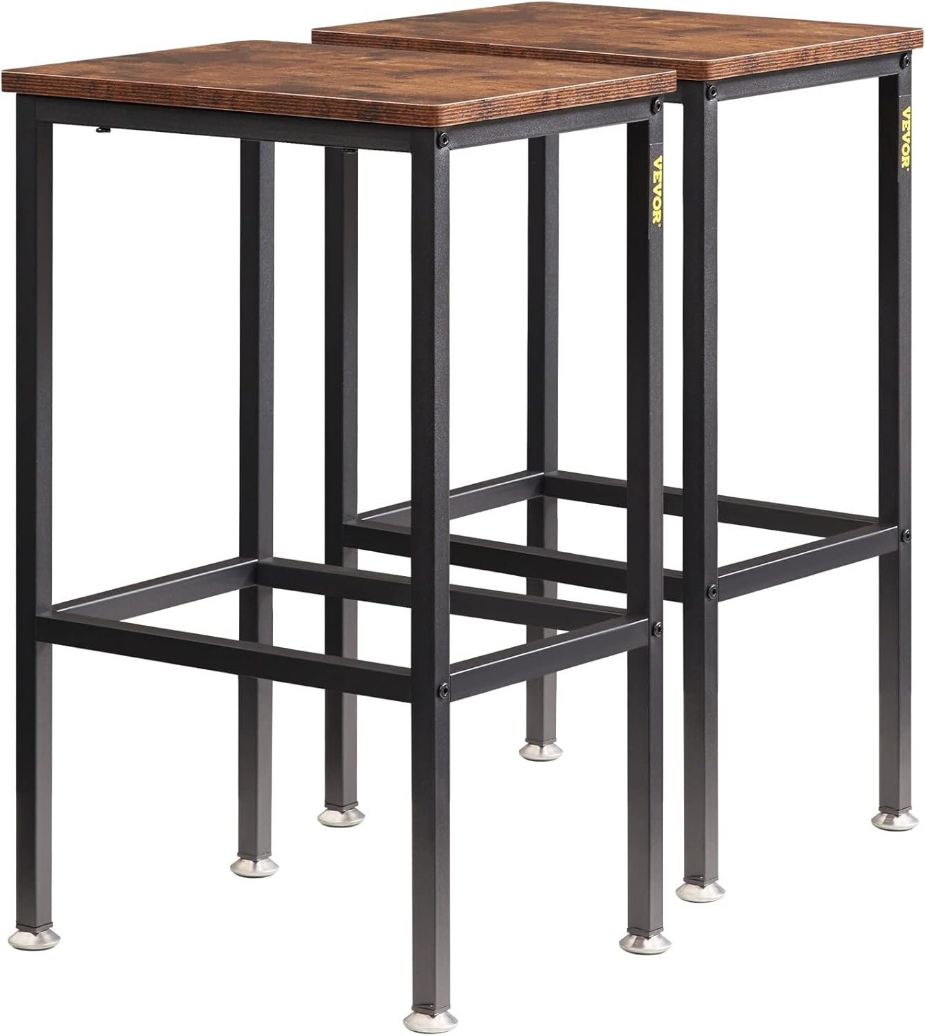 VEVOR Rustic Bar Stools, 25.6” Tall Rectangle Seat, Set of 2 Bar Chairs with Footrest Steel Frame Adjustable Feet, Wooden Industrial Kitchen Stool for Kitchen Dining Living Room, Rustic Brown