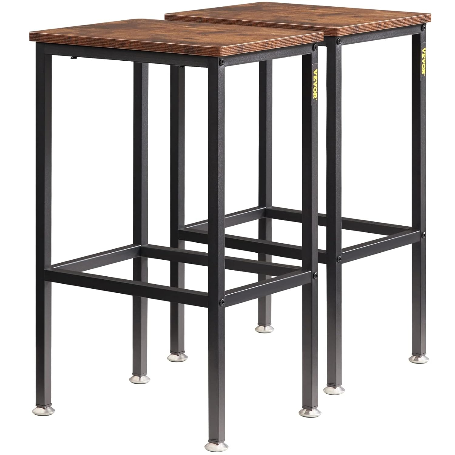 VEVOR Rustic Bar Stools, 25.6” Tall Rectangle Seat, Set of 2 Bar Chairs with Footrest Steel Frame Adjustable Feet, Wooden Industrial Kitchen Stool for Kitchen Dining Living Room, Rustic Brown