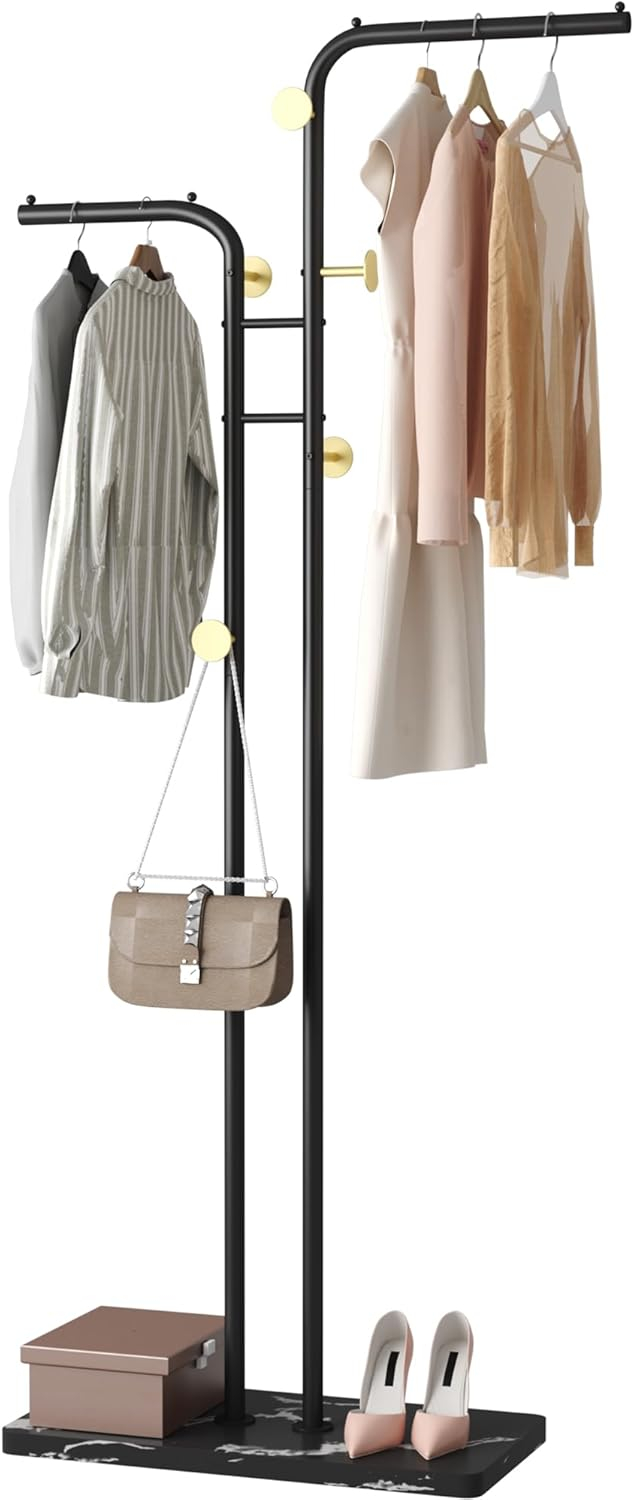 HOMEFORT Coat Rack, Freestanding Metal Coat Racks, Double-pole Clothes Hat Stand with 5 Hooks for Closet, Bedroom, Entryway, Living Room, Gold