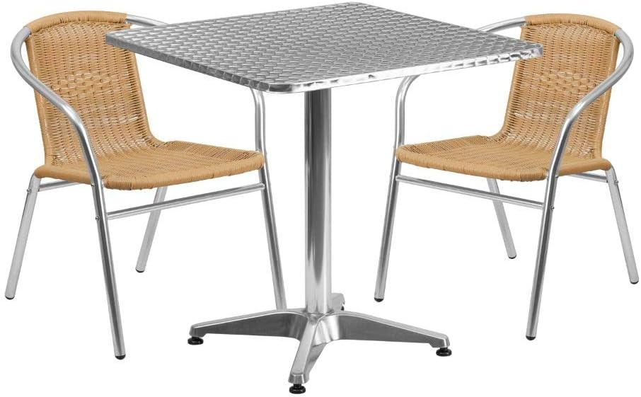 Flash Furniture Lila 27.5'' Square Aluminum Indoor-Outdoor Table Set with 2 Beige Rattan Chairs