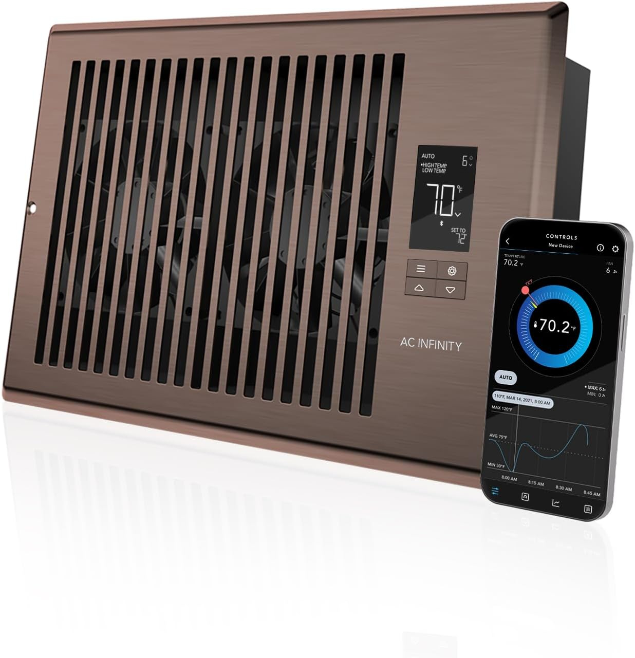 AC Infinity AIRTAP T6 Bronze, Register Booster Fan for 6” x 10” Register Holes, Improves Heating & Cooling Vents, Quiet 10-Speeds, Bluetooth App Control Data Alerts