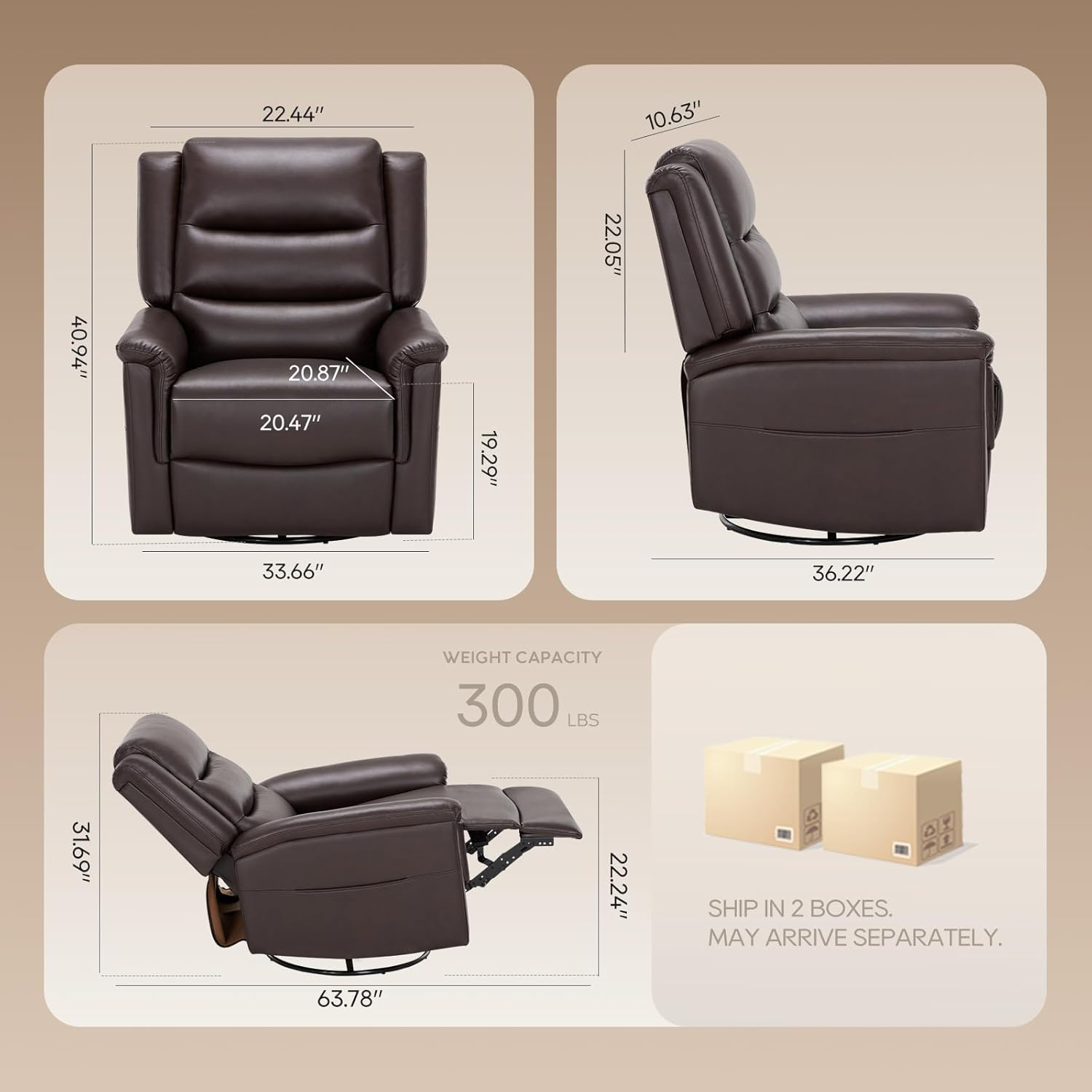 Dark Brown Leather Swivel Recliner with Metal Frame