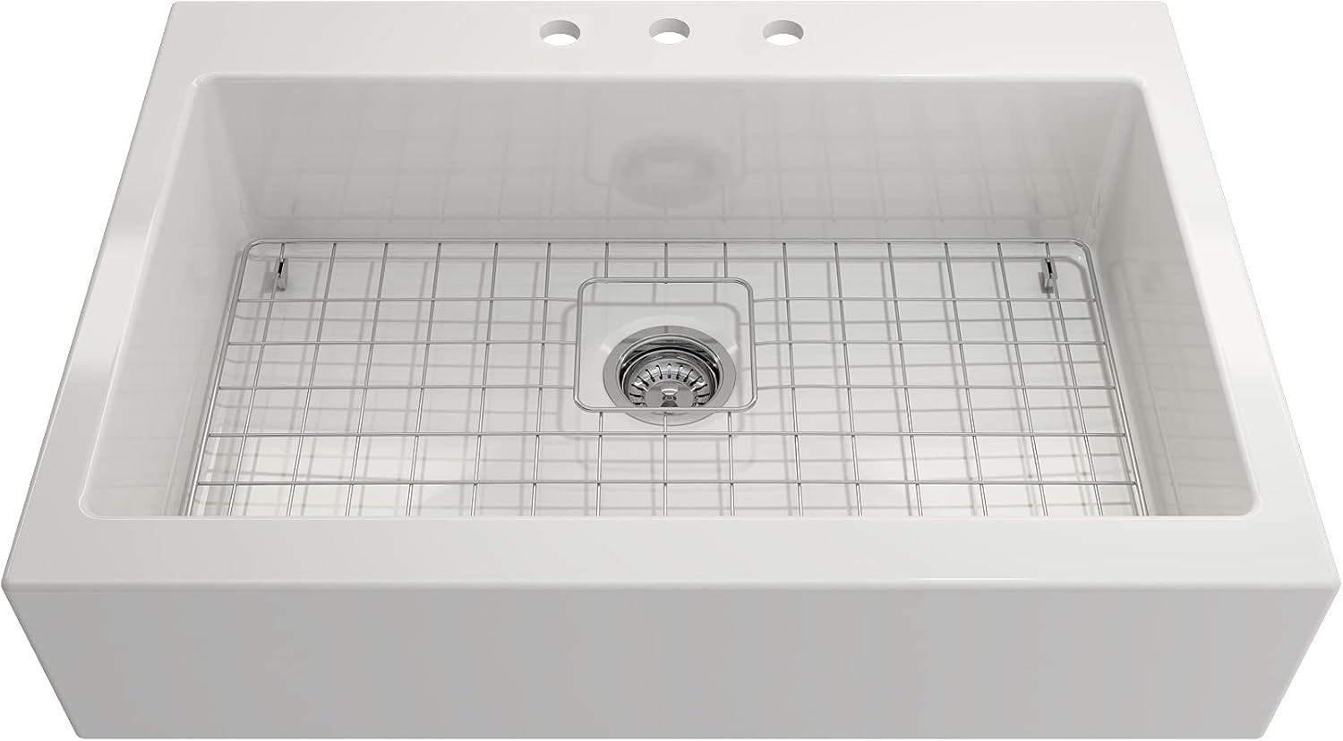 BOCCHI Nuova Apron Front Drop-In Fireclay 34 in. Single Bowl Kitchen Sink with Protective Bottom Grid and Strainer in White