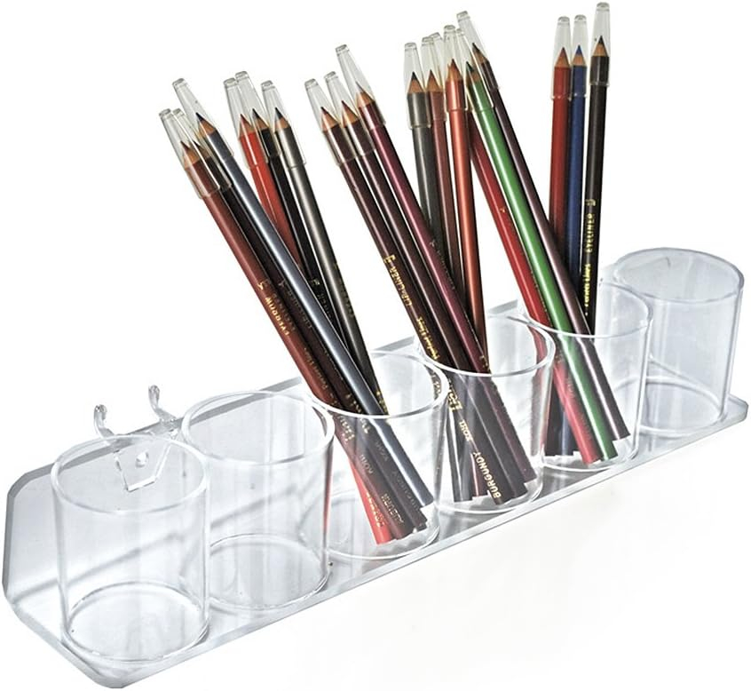 Azar Displays Clear Acrylic Six in a Row Cup Holder for Pencils, Pens, or Brushes, Cosmetic Pen Cup Display Organizer, for Pegboard and Slatwall, 2-Pack (Set of 2)