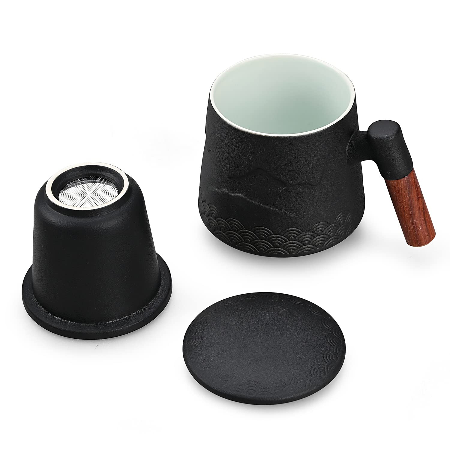 Tea Cup with Infuser and Lid, Gradual Mountain and Spray Tea Mug Cups with Infuser, Wood Handle Ceramic Coffee Mug with Lid Tea 430ml/14.50 OZ (Black)