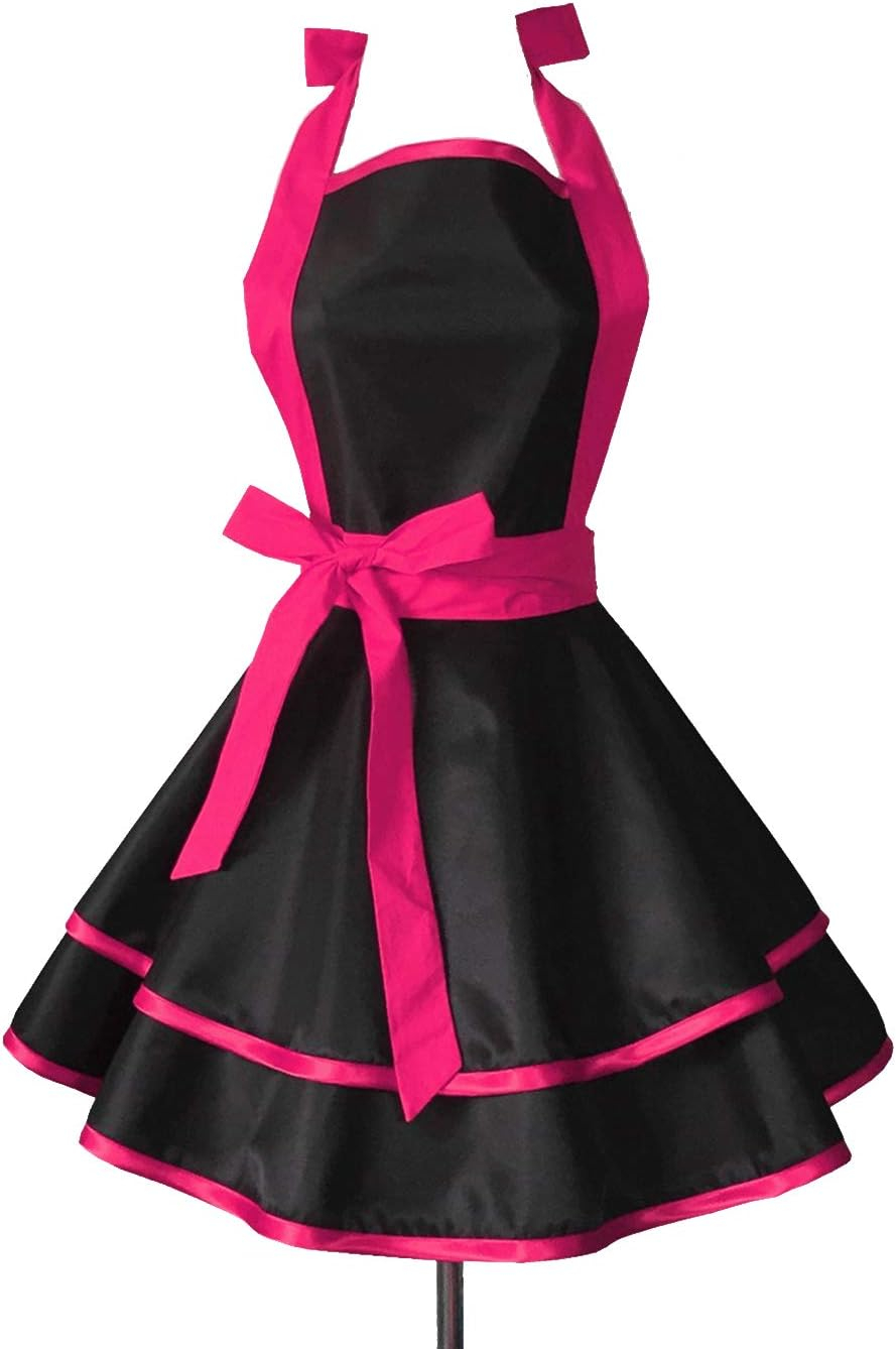 Hyzrz Lovely Handmade Cotton Retro Black Aprons for Women Girls Cake Kitchen Cook Apron for Mother's Gift (Red Rose)