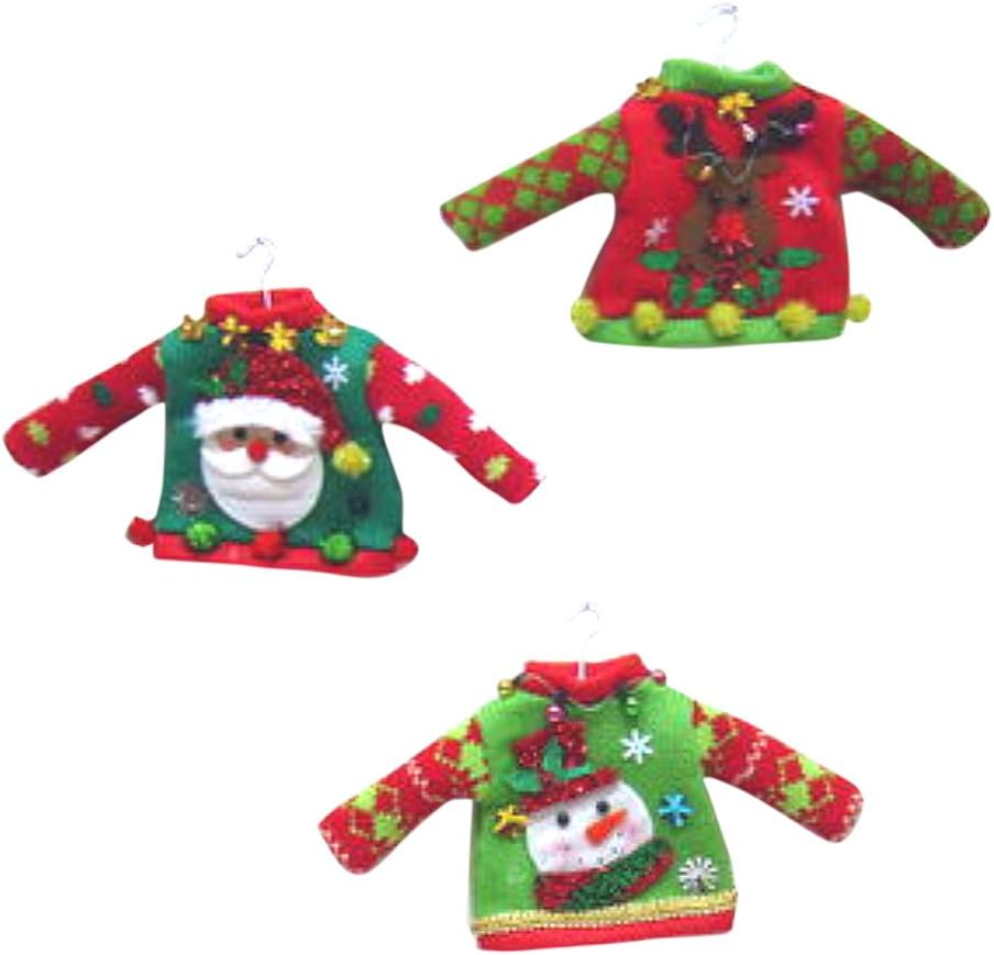 Tacky Sweaters Santa Snowman Reindeer Set of 3 Christmas Ornaments Elf Size