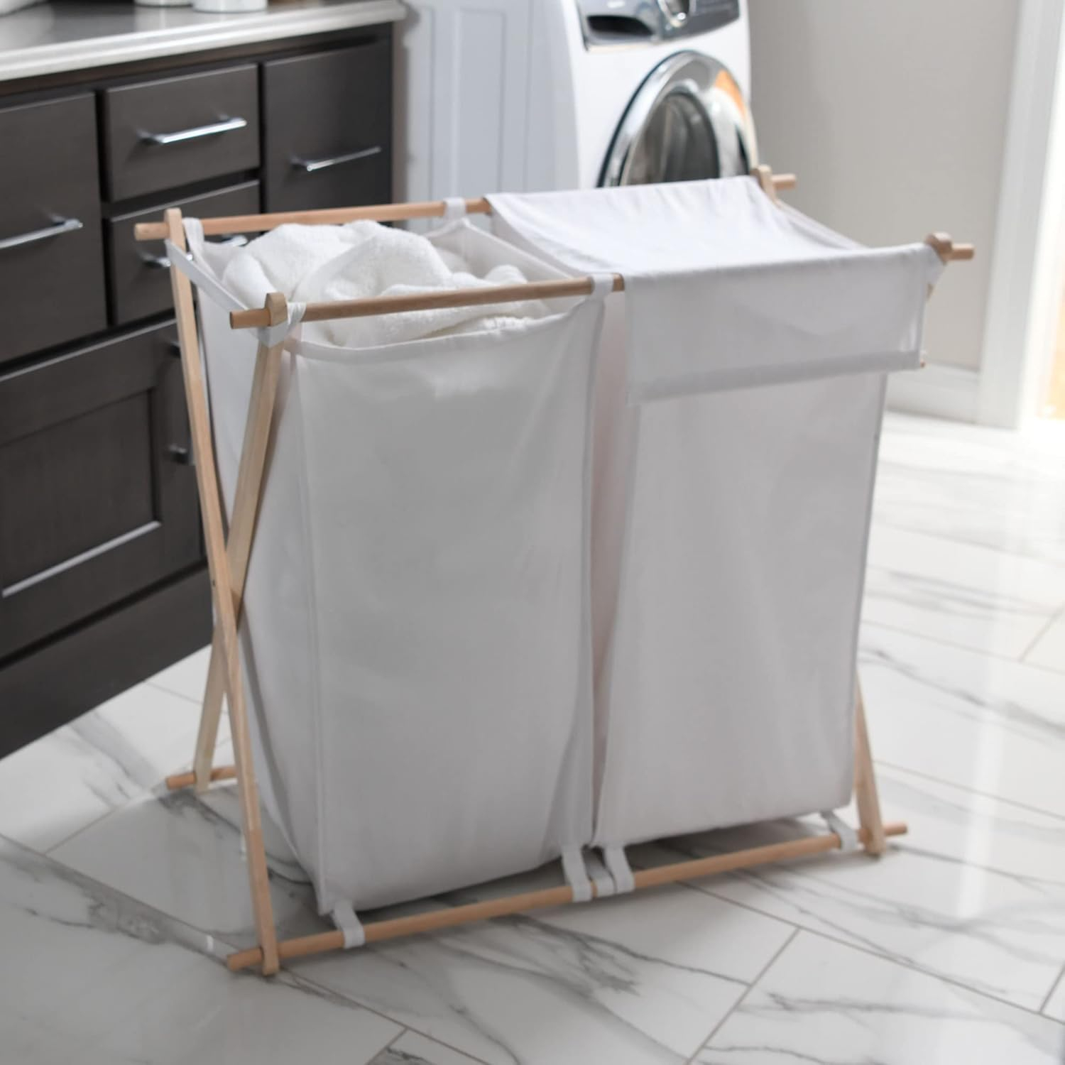 Household Essentials X-Frame Wood Laundry Hamper, Folding Wood Frame with Washable Poly-Cotton Bag