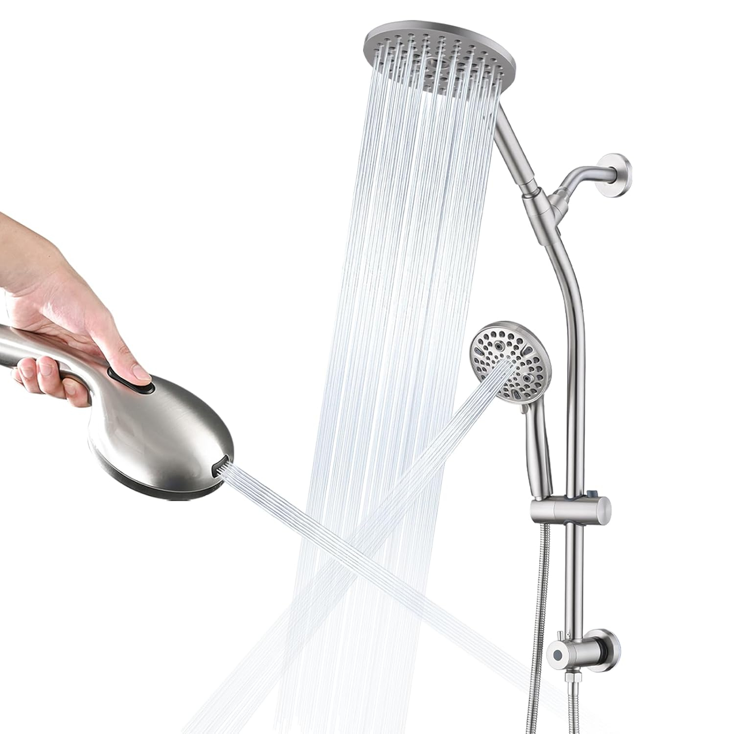 Rainfall Shower Head with Handheld Shower Spray, with 26" Drill Free Adjustable Height Slider Bar, High Pressure Dual Shower Head Combo, 3-Way Diverter for Easy Reach, 5Ft Hose - Chrome Finish