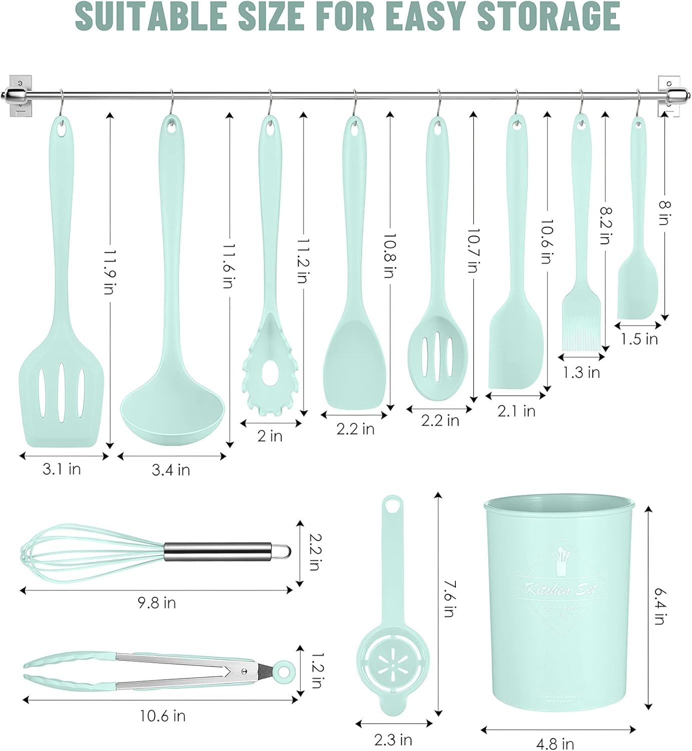 VIVAYO 12 Pieces Silicone Kitchen Utensils Set, Kitchen Cooking Spatula Sets with Holder for Cookware Heat Resistant Spoons, Turners,Tongs, Whisk, Basting Brush, Green