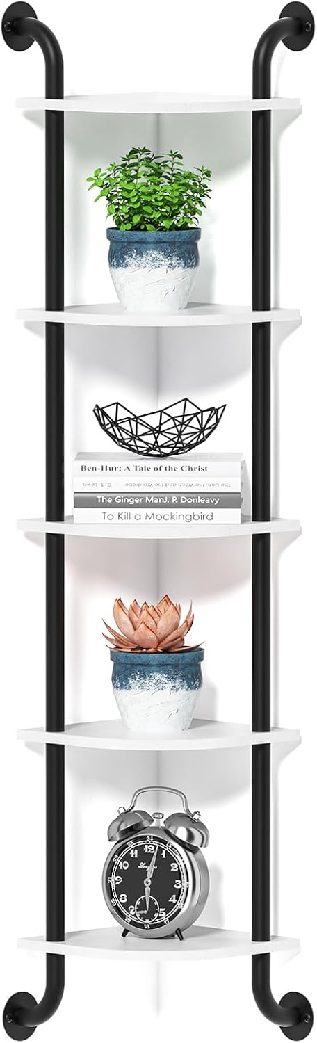 Corner Shelf 5-Tier Wall Shelves, Floating Corner Shelves, Wall Mounted Shelves for Bedroom Decor, Bathroom and Living Room Decor (White)