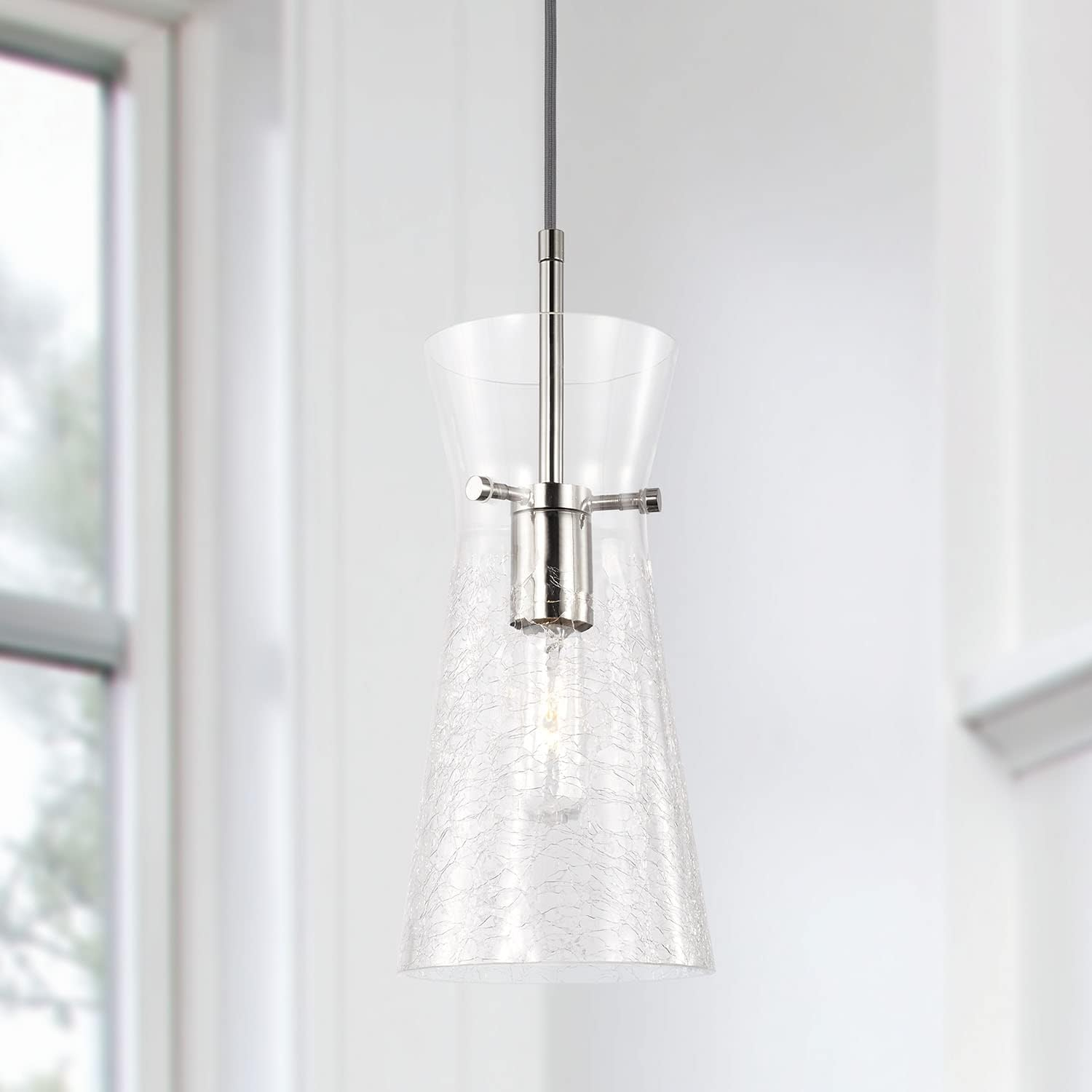 Capital Lighting 342411PN Mila Modern Clear Half-Crackle Glass Pendant Light Fixture, 1-Light 100 Watt, 15" H x 6" W, Polished Nickel